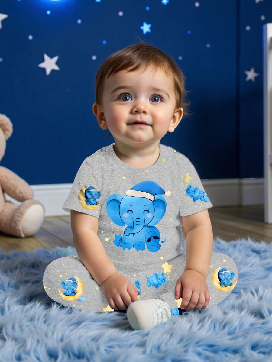 SHEIN Baby Boy Casual Minimalist Slim Fit Round Neck Comfortable Short Sleeve Pants Pajamas Set, Suitable For Spring/Summer, Snug Fit