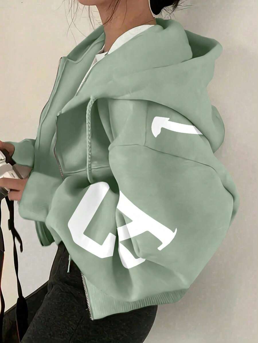 INAWLY Oversize Kapuzen-Sweatshirt mit lockerem, lässigem Reißverschluss und Buchstaben-Muster