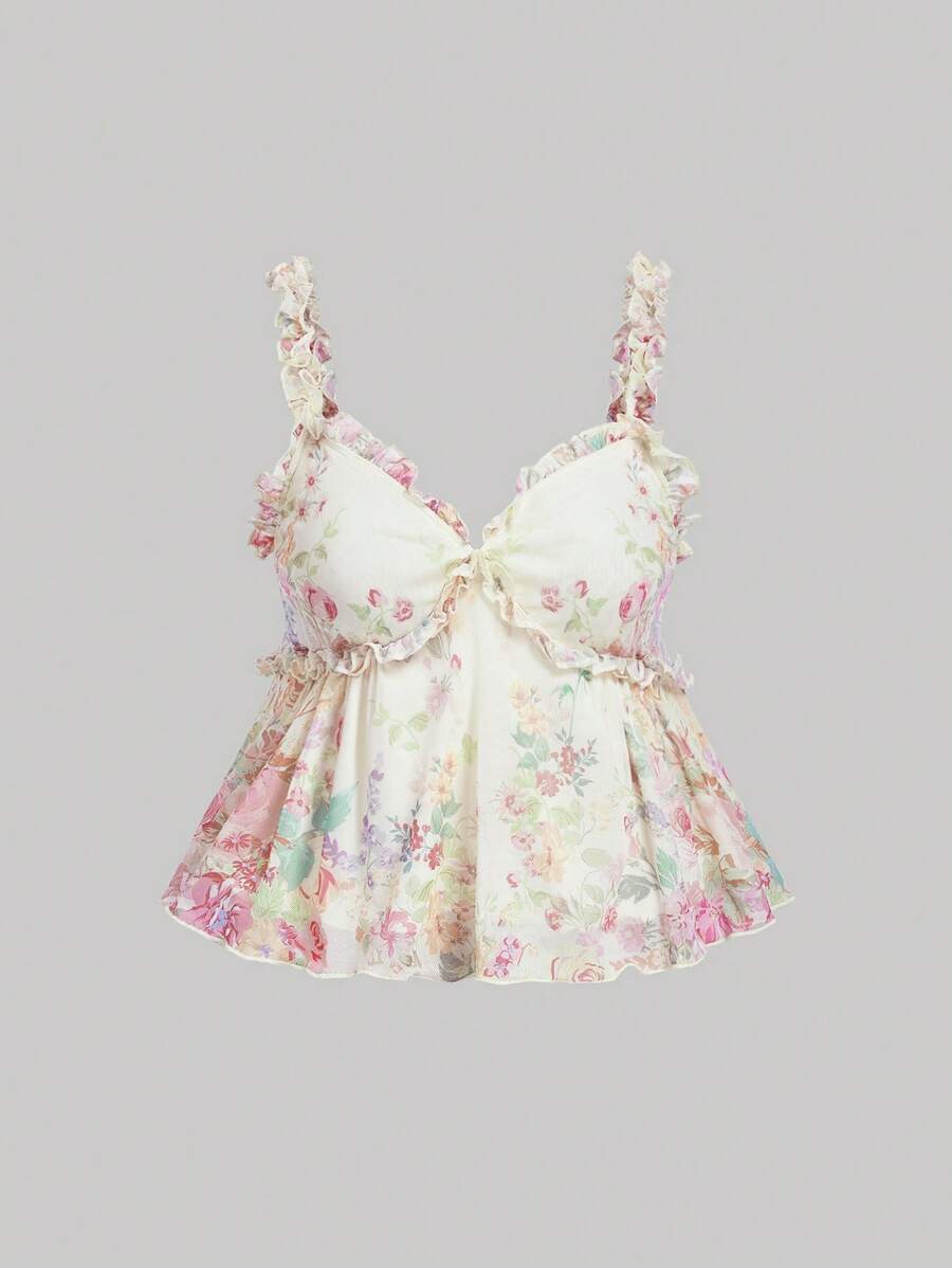 SHEIN MOD Top de mujer de talla grande tipo camiseta de tirantes con diseño floral y ribete de lechuga de malla