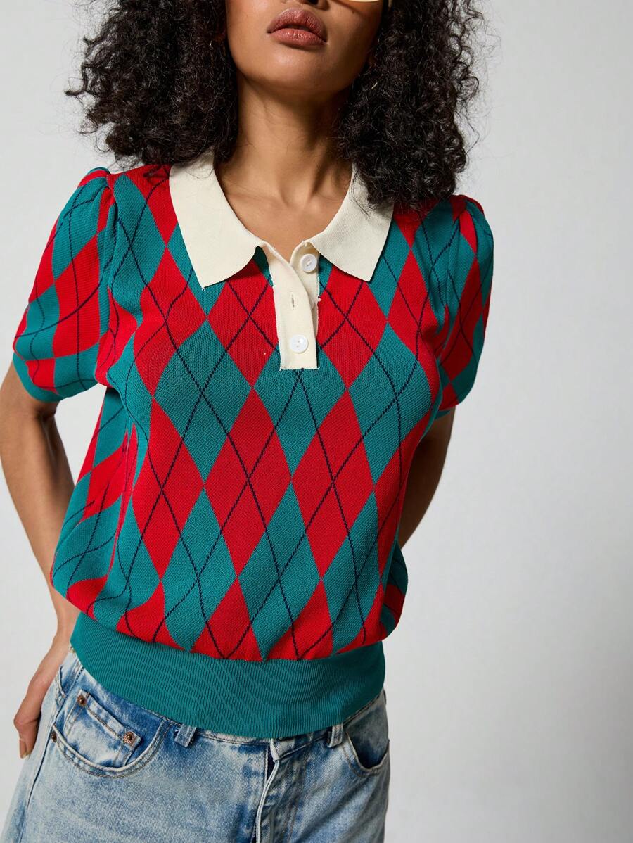 SHEIN EZwear Button Half Placket Argyle Knit Top
