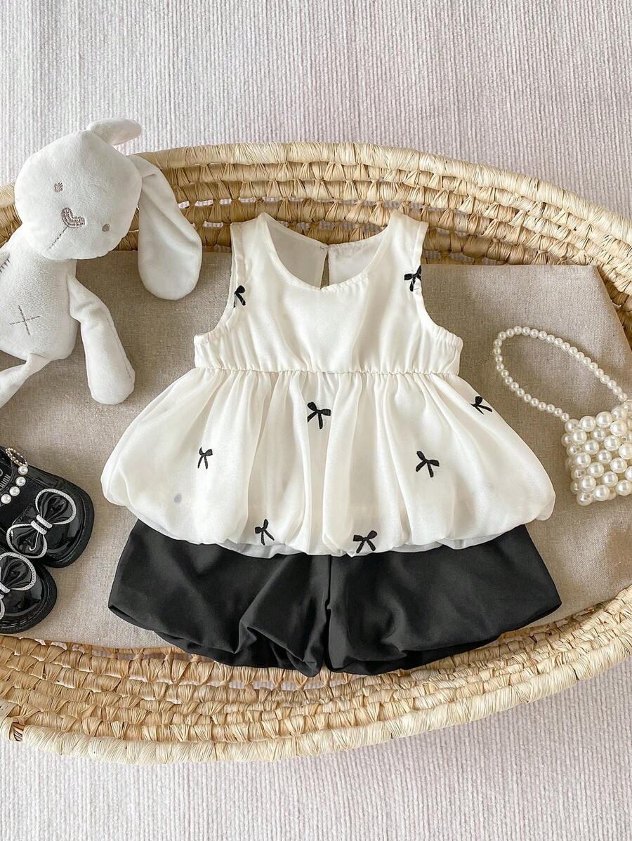 2 Stücke/Set Baby Mädchen 0-3 Jahre lässig ländlicher Urlaub süßer Schmetterling Stickerei ärmellose Bluse & Shorts Set, Frühling/Sommer