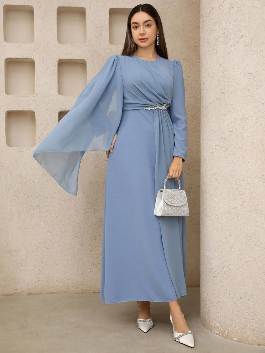 Graceveil Abito elegante da donna a maniche lunghe con scollo tondo, con inserti in rete, colore unito, modesto