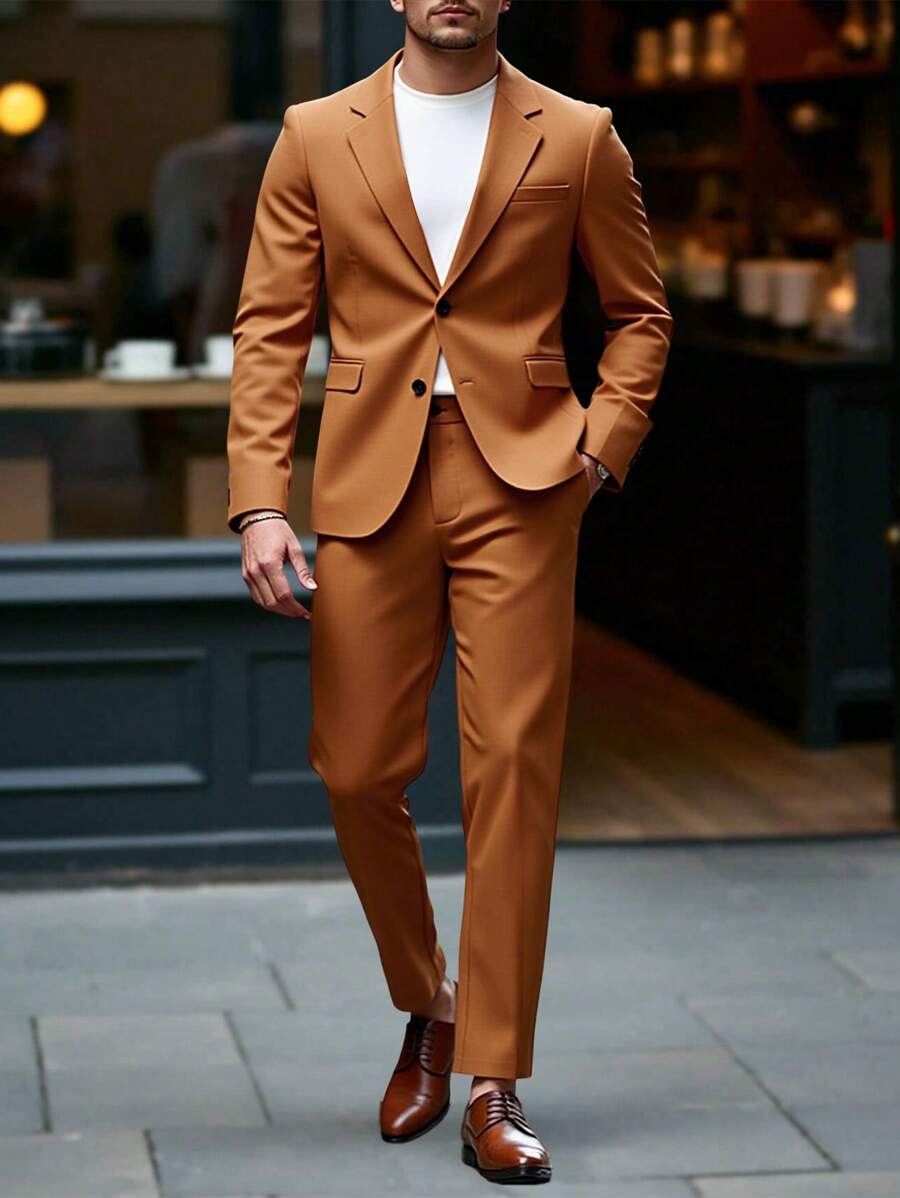 Manfinity Bizformal Conjunto de traje casual de una sola de botones con chaqueta y pantalones para hombres, conjunto de traje formal de negocios con chaqueta de botones delanteros y pantalones a medida, y conjunto de ropa de traje de chaleco de 2 piezas para hombres