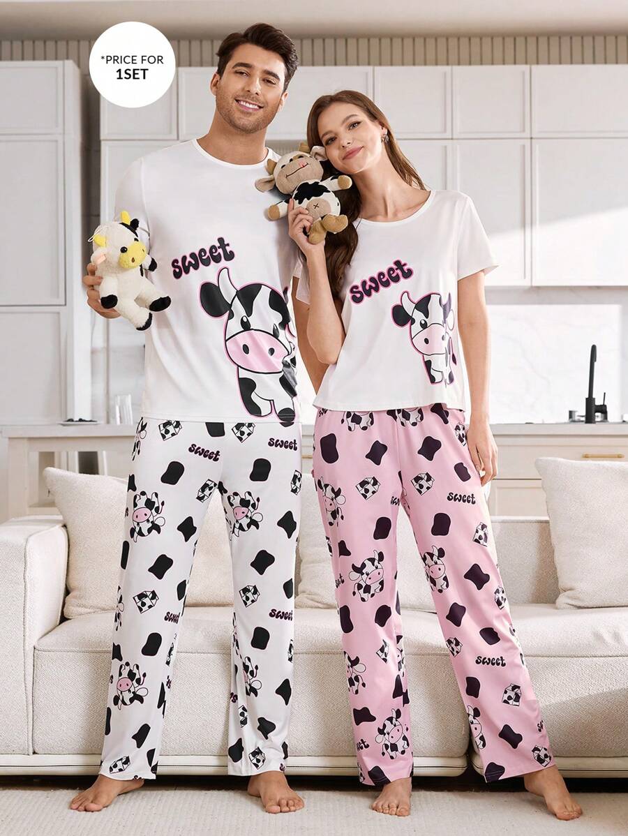 CoupledUp Pijama de verano para hombre con top de manga corta y shorts cómodos con estampado de vaca