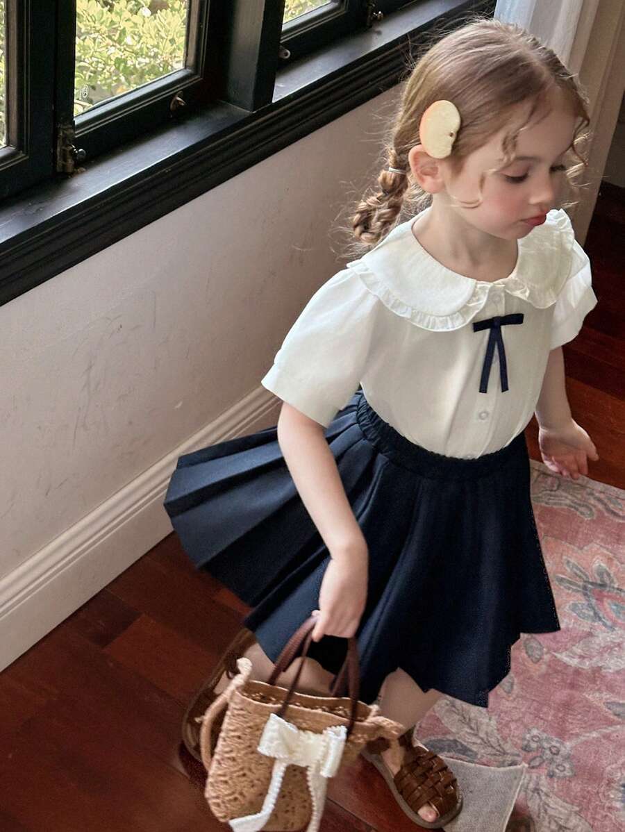 DAZY 2 Stück Mädchen Lässig Set mit Kragenshirt mit Schleifen-Dekor und plissiertem Rock, Mädchen Sommer Outfits