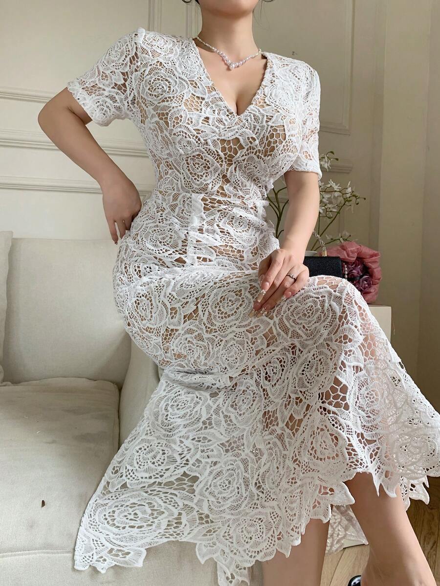 DAZY Nuovo elegante abito estivo da donna a vita alta, in pizzo traforato, di media lunghezza