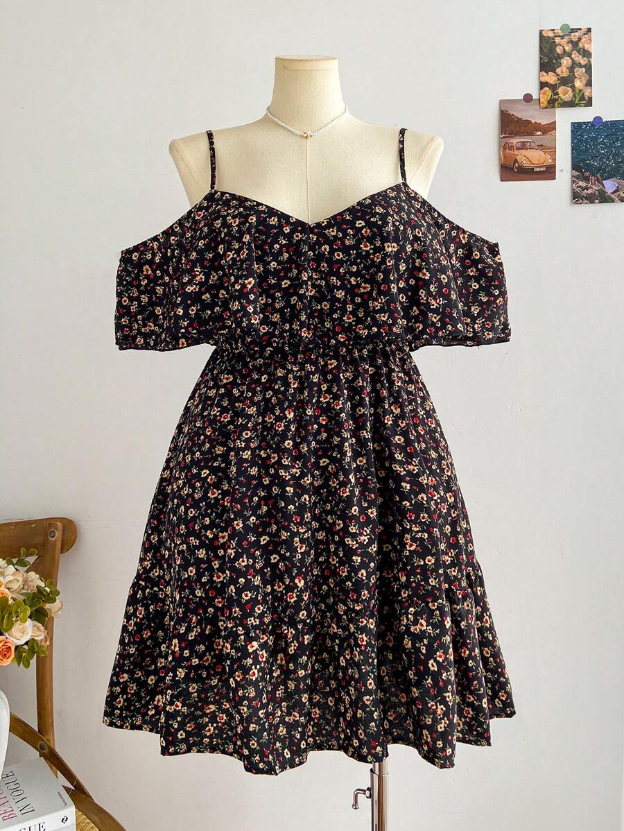 Soleia Plus Size Boho Ditsy Floral Print Cold Shoulder Ruffle Trim Dress,Beach Dress Sundress,Holiday Outfits