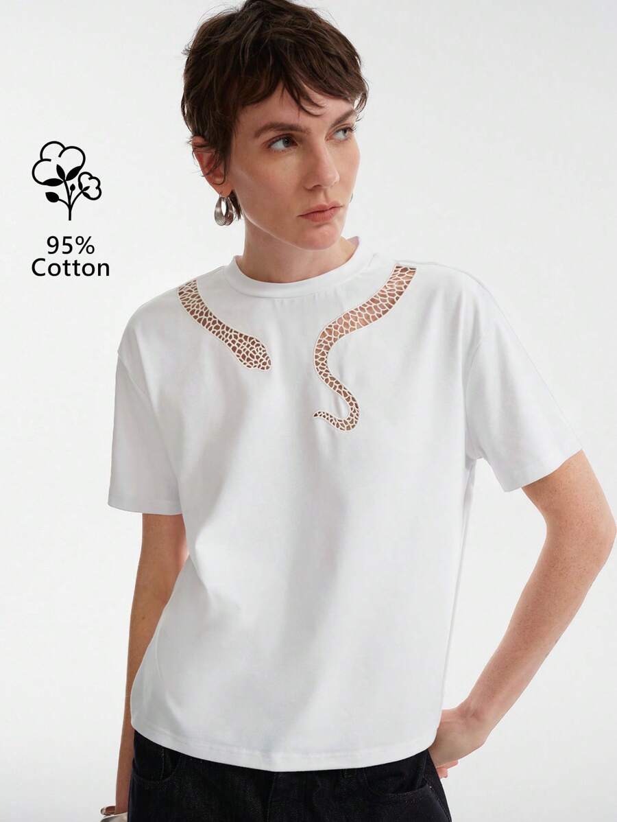 Aalyst Women's Casual Hollow Embroidered White T-Shirt, Snake Year Design, Summer