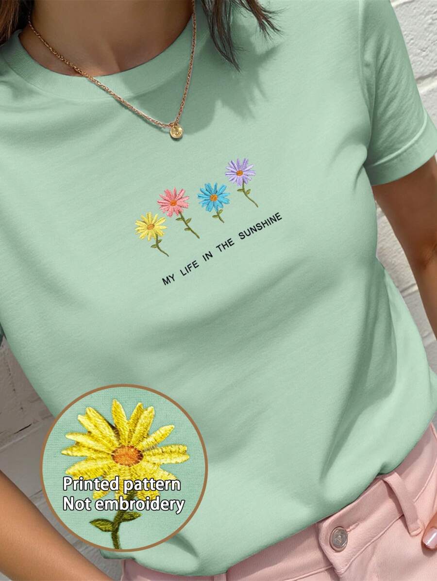 INAWLY Camiseta de manga corta con cuello redondo, estampado de lema y floral, tallas grandes para mujer
