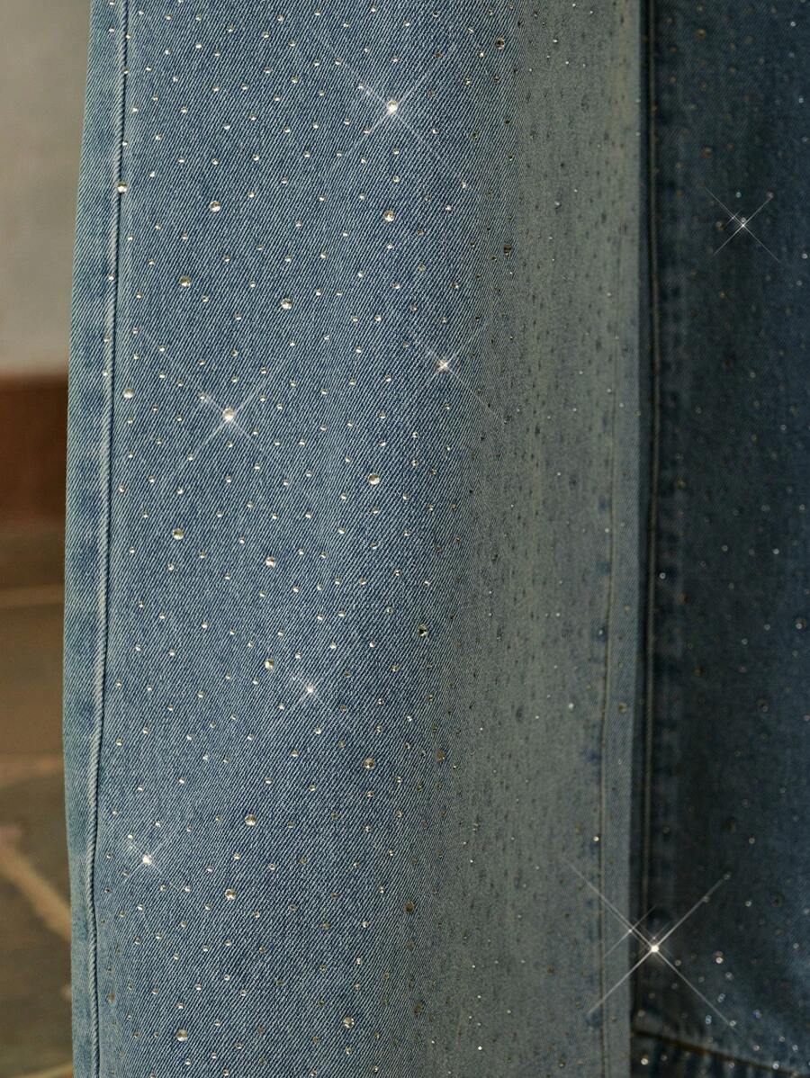 Anewsta Jeans anchos de pierna suelta con aplicaciones de strass vintage para mujeres, elegante, festival, casual