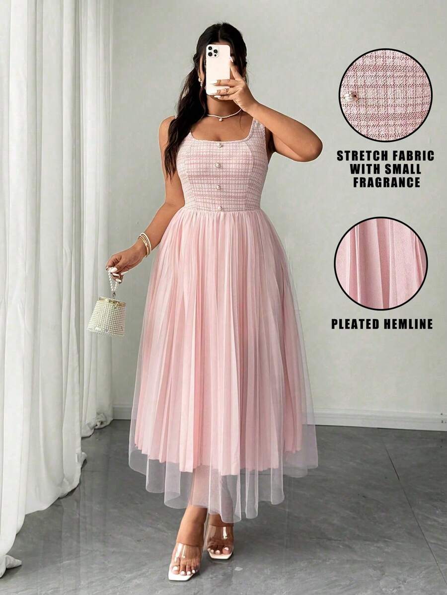 Celure Vestito lungo elegante da donna con maschera senza maniche, in vita alta, decorato con bottoni in perla, in contrasto con rete, misure forti