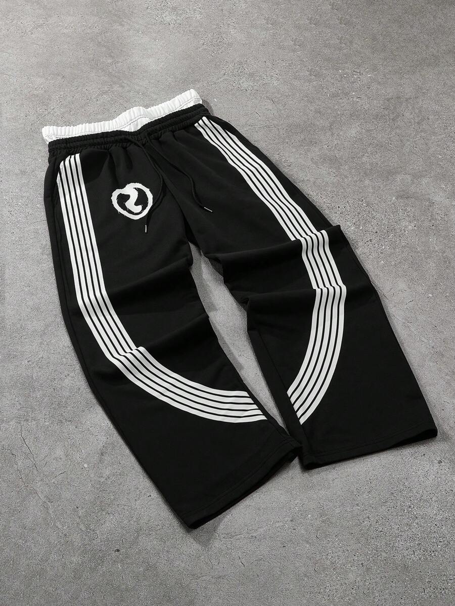 Manfinity Streetrush Manfinity Streetrush Men's Sweatpants One-Piece, 2 In 1 Double Waistband Design, Imitation Applique Embroidery Craftsmanship, Side Stripe Printing, Elastic Waistband Men Track Pants Gym Pants For Men Sport Pants For Men Men Gym Pants Street Wear Pants Men