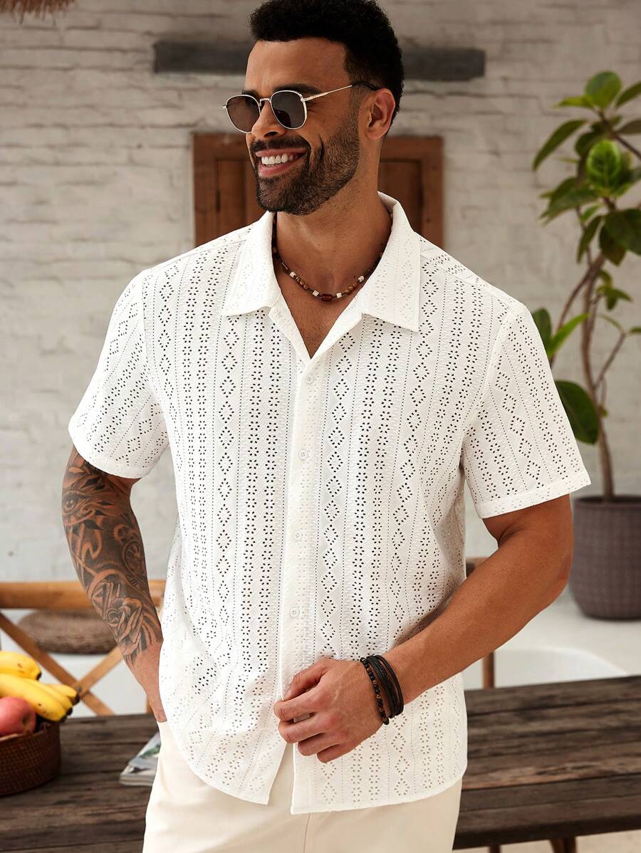 ResortEase Camisa de manga corta casual holgada y con estampado calado para hombres de talla grande
