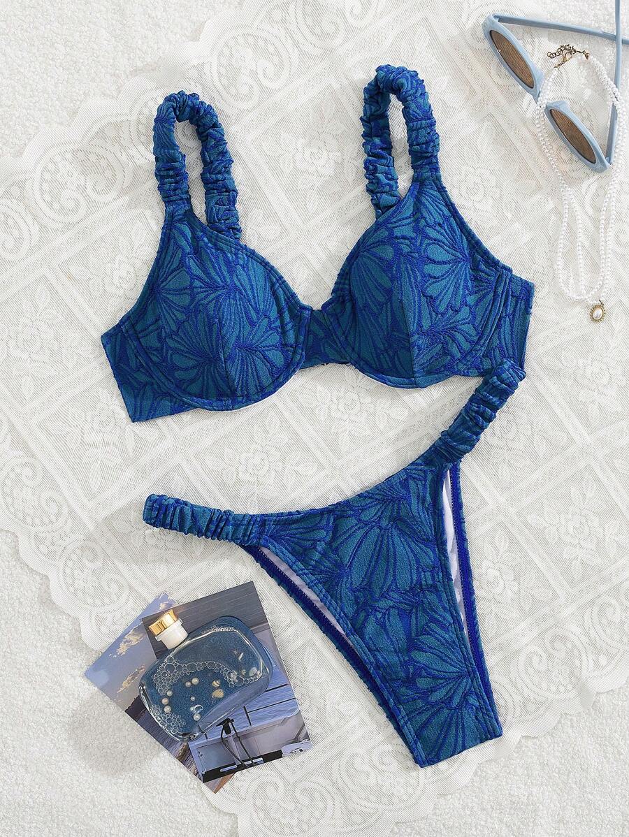 Swim Mod Set de 2 piezas Conjunto de bikini con tirantes anchos fruncidos de tela floral de unicolor para mujeres, apto para primavera, verano y vacaciones en la playa