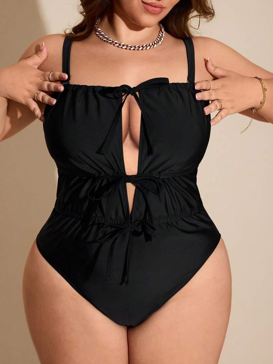 Swim Chiccia Plus Size One-Piece Swimsuit, Solid Color, Simple & Fashionable, Suitable For Summer