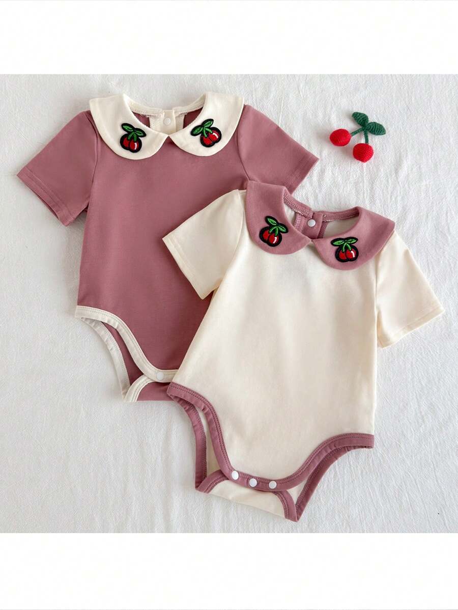 Loomiva 2pcs/Set Newborn Baby Girl Cartoon Fruit Pattern Soft Contrast Color Ruffled Collar Short Sleeve Romper