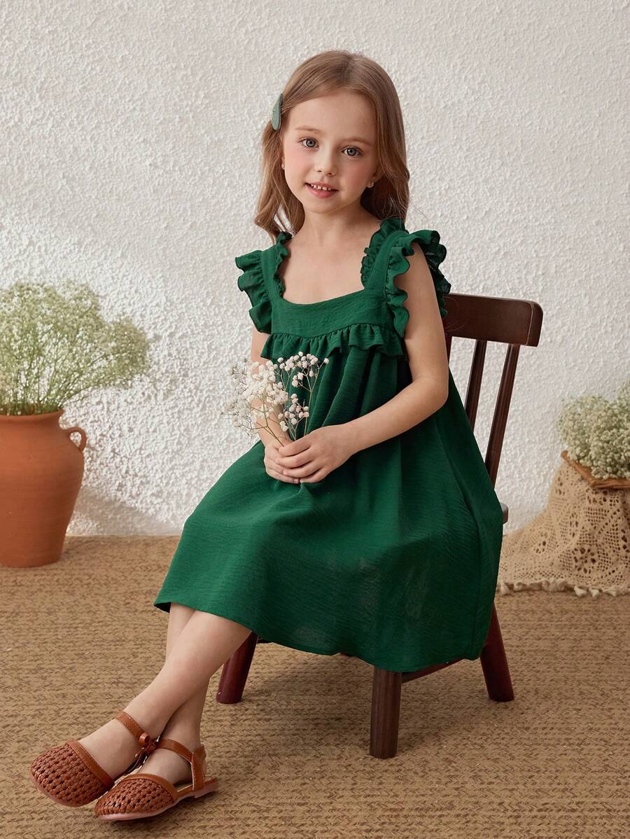 Blossori Vestido sin mangas con volantes y ribete verde para niñas en vacaciones en el campo