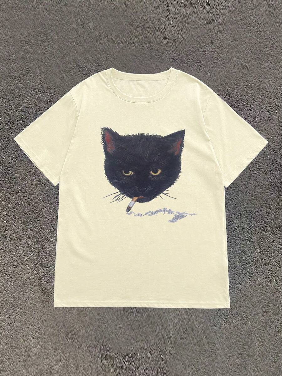 Noixe Men's Smoking Cat Graphic White T-Shirt, Y2K Vintage Style Tee, Retro Cat T-Shirt, Fashion Streetwear Graphic Tee