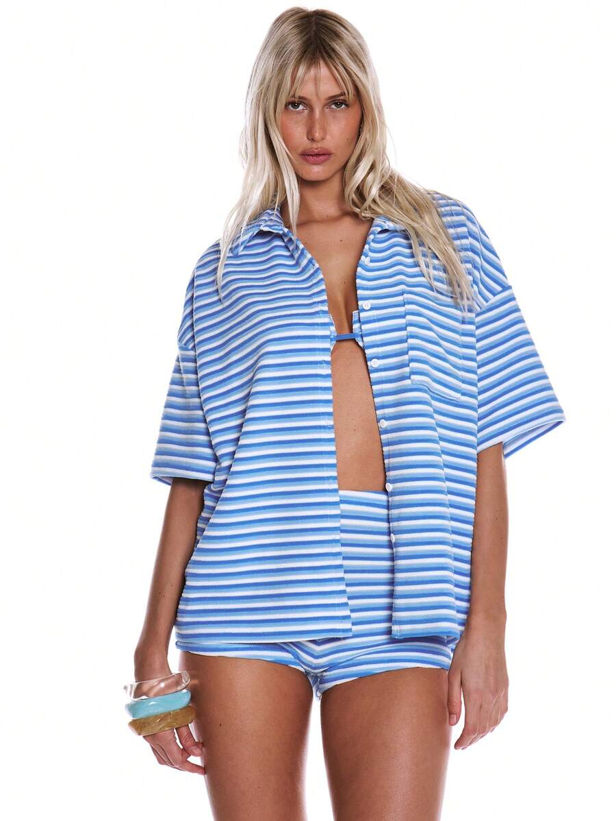 MUSERA Cute Velour Stripe Oversized Button Up Short Sleeve Shirt For Spring Summer Vacation Beach Holiday Sailored By The Sea Co-Ord Set Festival Ibiza Oversized Shirt