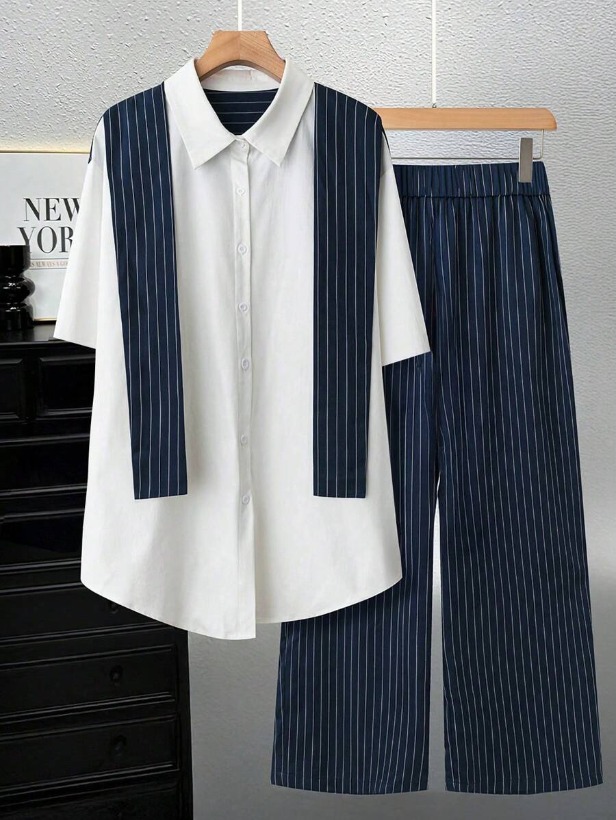 SHEIN LUNE Set de 2 piezas de camisa y pantalones a rayas, adecuado para uso diario y viajes, tallas grandes