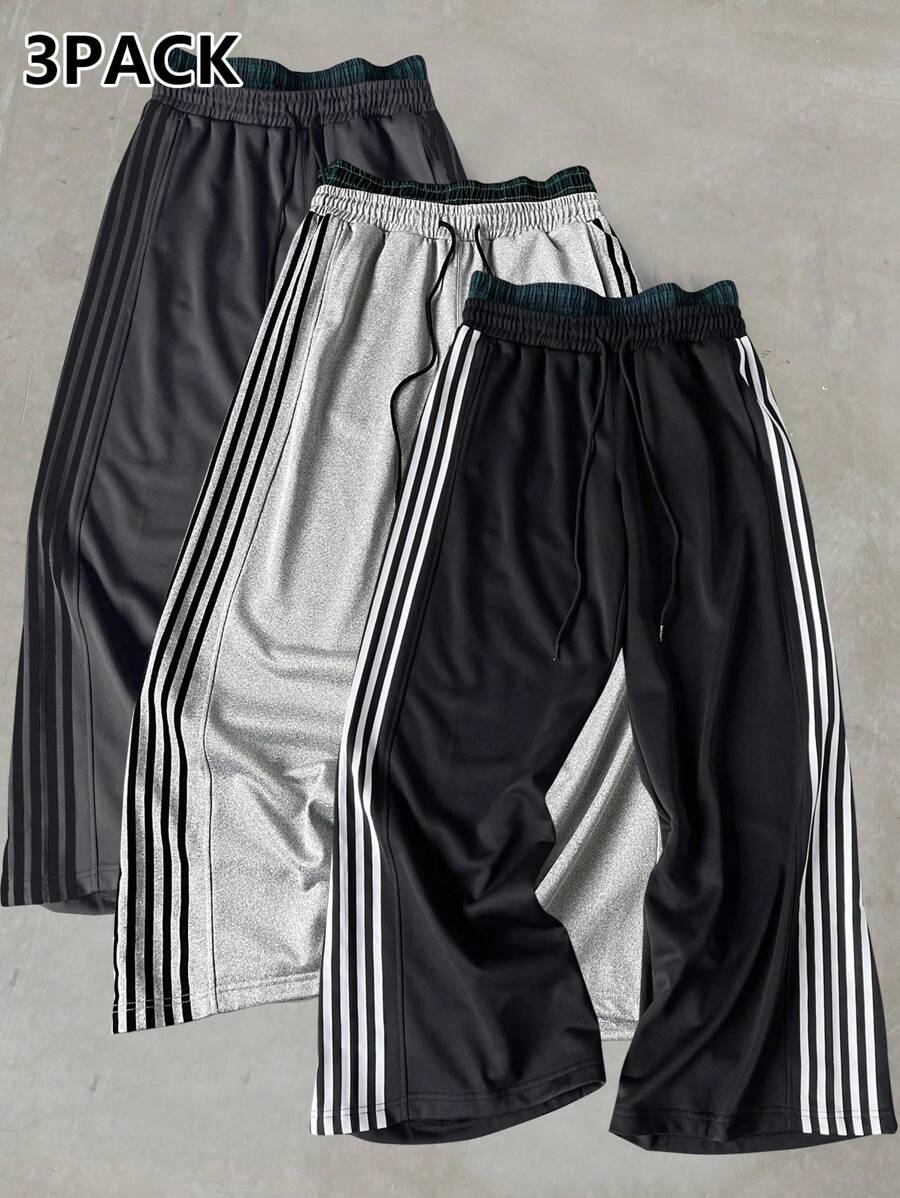 Manfinity Sporsity 3pcs/Set Men's Casual Sports Striped Double Layer Elastic Waist Wide Leg Sweatpants, Autumn Going Out Street Wear Drawstring Color Block Sweatpants, For Husband, Boyfriend Gifts, Men Sets Pants