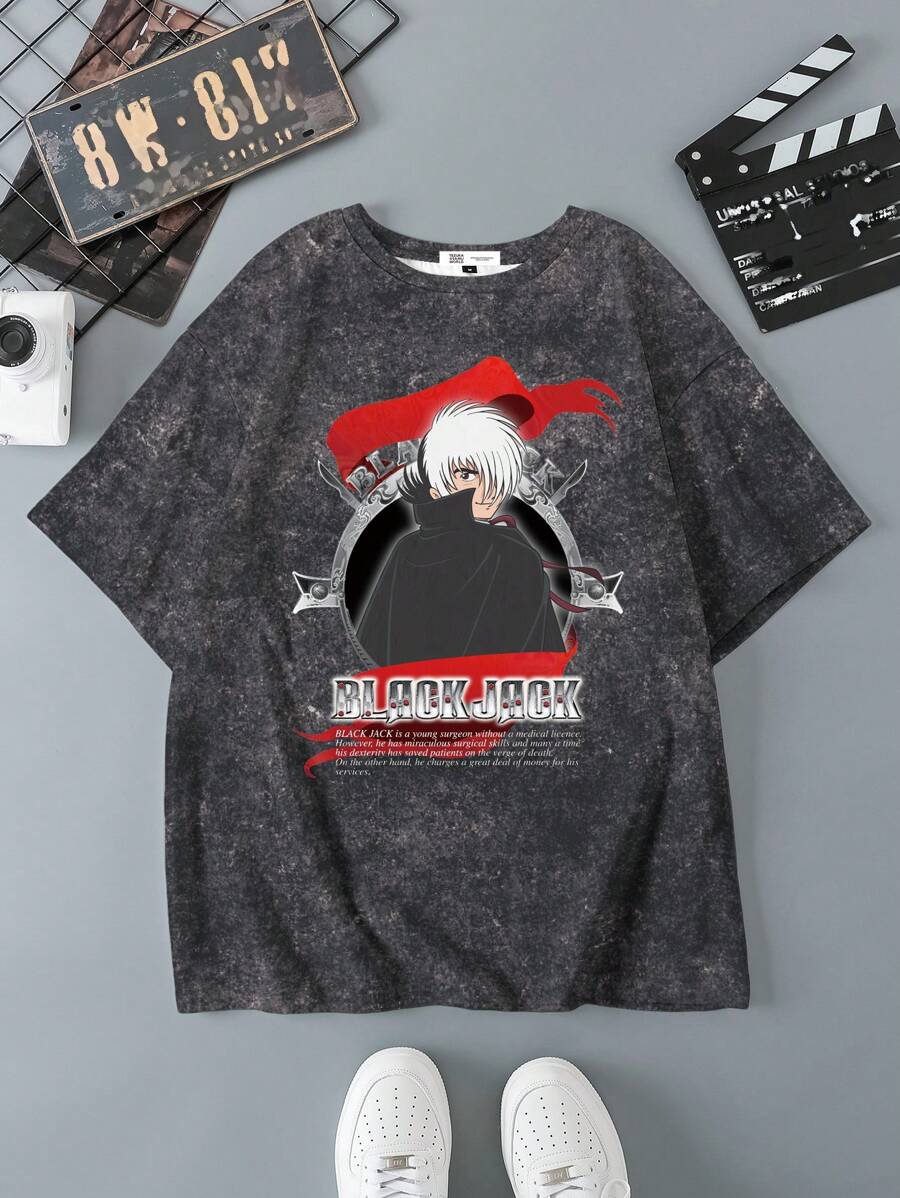 Black Jack X SHEIN Men's Casual Figure And Slogan Graphic Round Neck Short Sleeve T-Shirt, Summer
