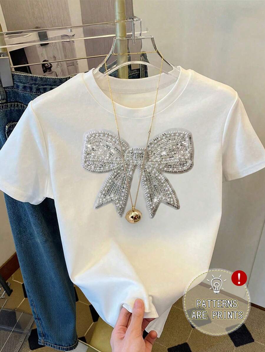 SHEIN LUNE Plus Size Women Summer Casual Bow Print Round Neck Short Sleeve T-Shirt