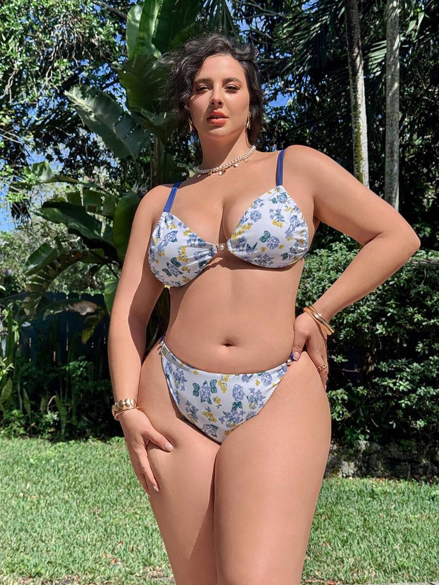 Swim Vcay Plus Size Women 2pcs 3D Floral Print Pearl Decor Bikini Set, Casual & Sexy Swimwear For Beach Vacation