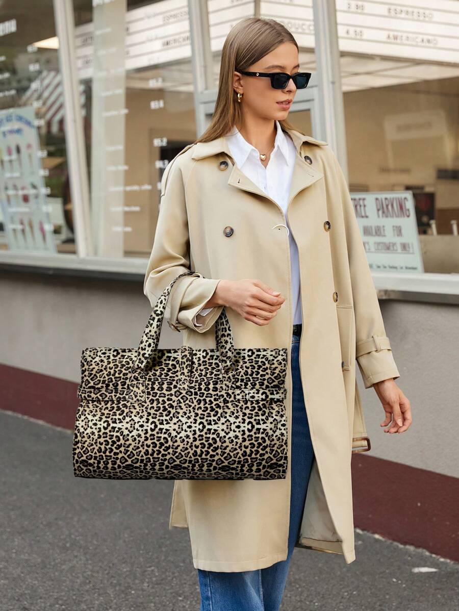 SHECARRY Bolso de tela estampado de leopardo de gran capacidad y sencillo y casual para mujer