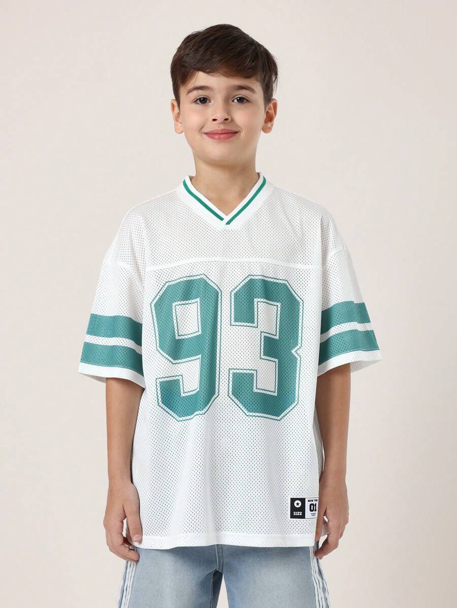 SUMWON Camiseta informal de manga corta con rendimiento transpirable, estilo jersey de béisbol atlético de malla, número de equipo deportivo, para entrenamientos y niños
