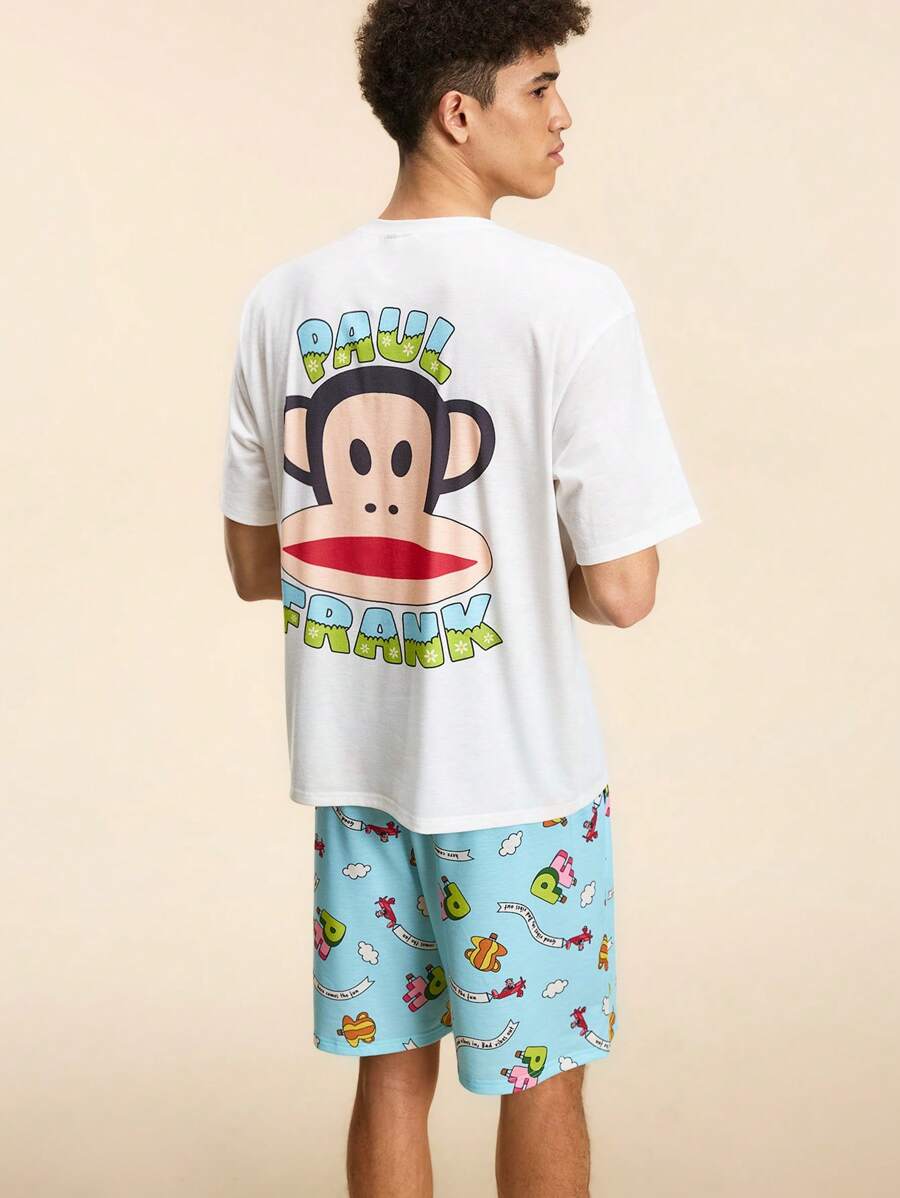 Paul Frank X SHEIN Conjunto de camiseta de manga corta con estampado de dibujos animados y letras, y pantalones cortos para hombre