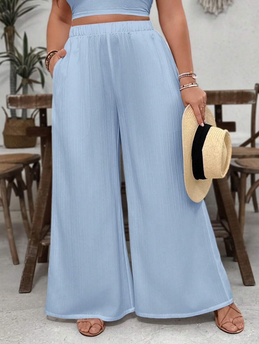 SHEIN VCAY Plus Size White Textured Fabric Loose Casual Wide Leg Pants With Pockets, Suitable For Vacation & Valentine's Day,Summer Pants