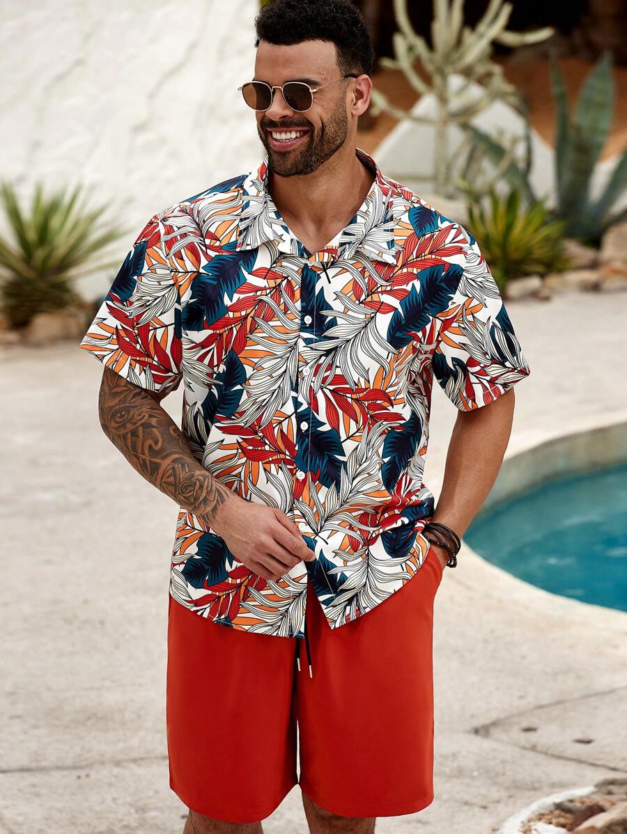 ResortEase Set de 2 piezas de camisa de manga corta y pantalones cortos estampado de hojas para hombres de talla grande de verano
