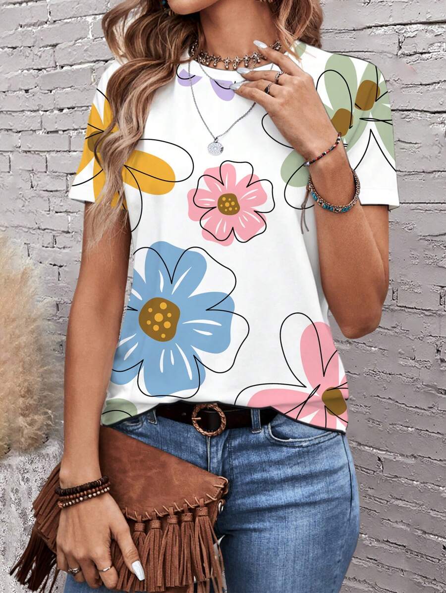 EMERY ROSE Versatile Floral Print Casual Round Neck Short Sleeve Loose T-Shirt For Women, Spring/Summer