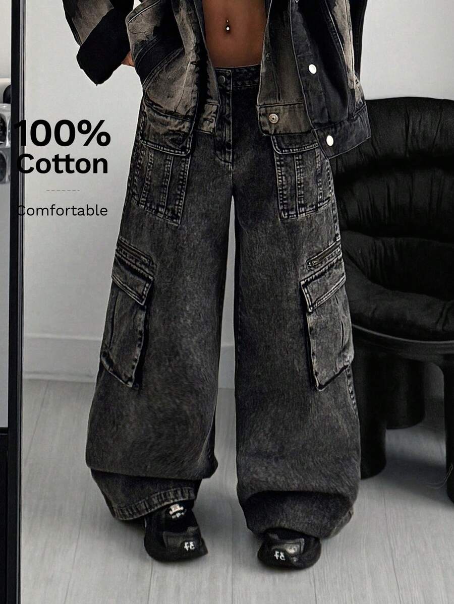SHEIN EZwear Jeans de pierna ancha de carga con múltiples bolsillos de mezclilla negra desgastada