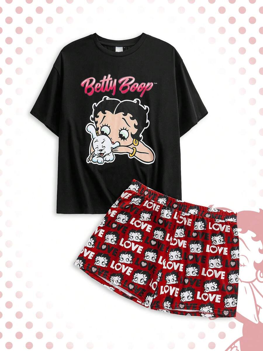 Betty Boop x SHEIN Conjunto de pijama de camiseta de manga corta con estampado de letras y figuras y pantalones cortos para tallas grandes de verano