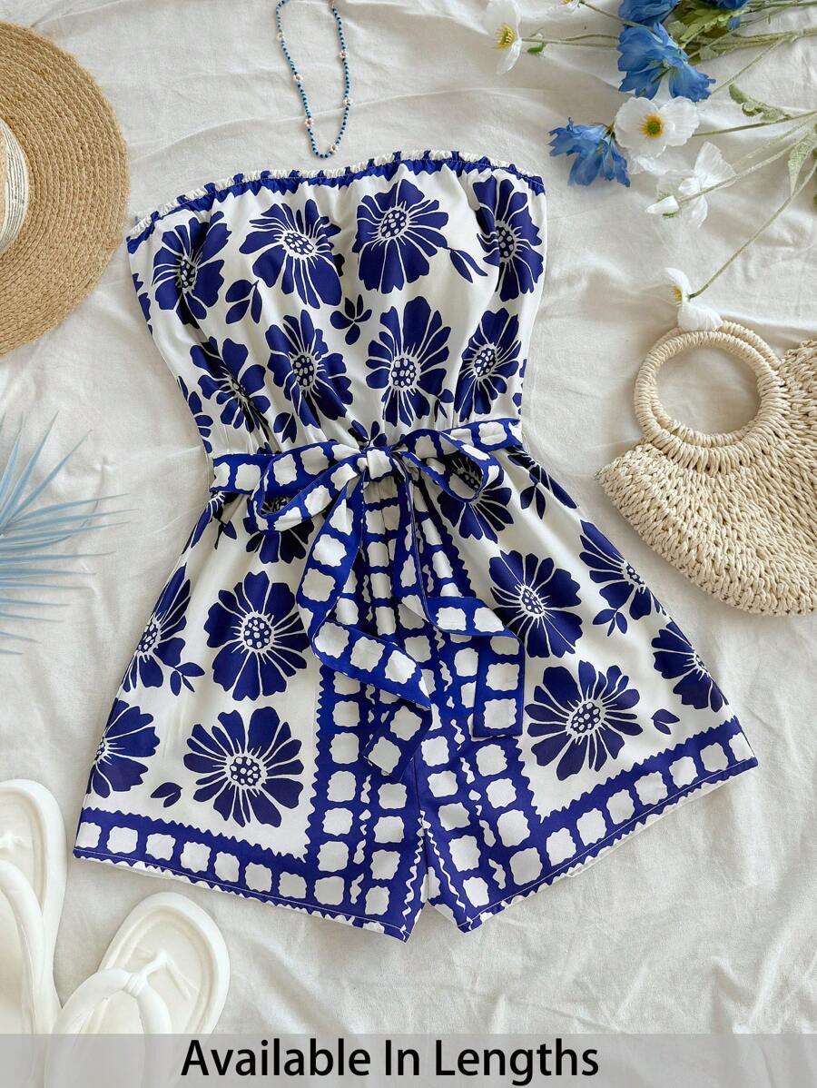 SHEIN PETITE CURVE Holiday Style Blue & White Print Cropped Halter Jumpsuit For Women
