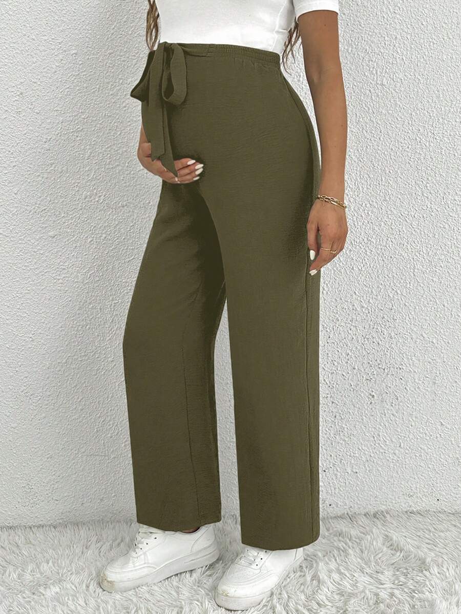 SHEIN Maternity Casual Woven Fabric Long Pants With Knot Detail In Army Green For Everyday Comfort