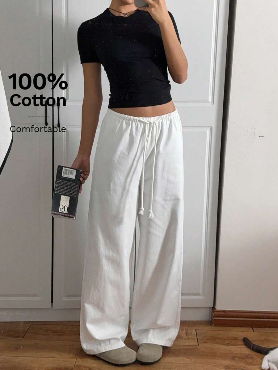 CovetEZ Pantalones casuales rectos y sueltos de mujer con cordón en la cintura, color blanco