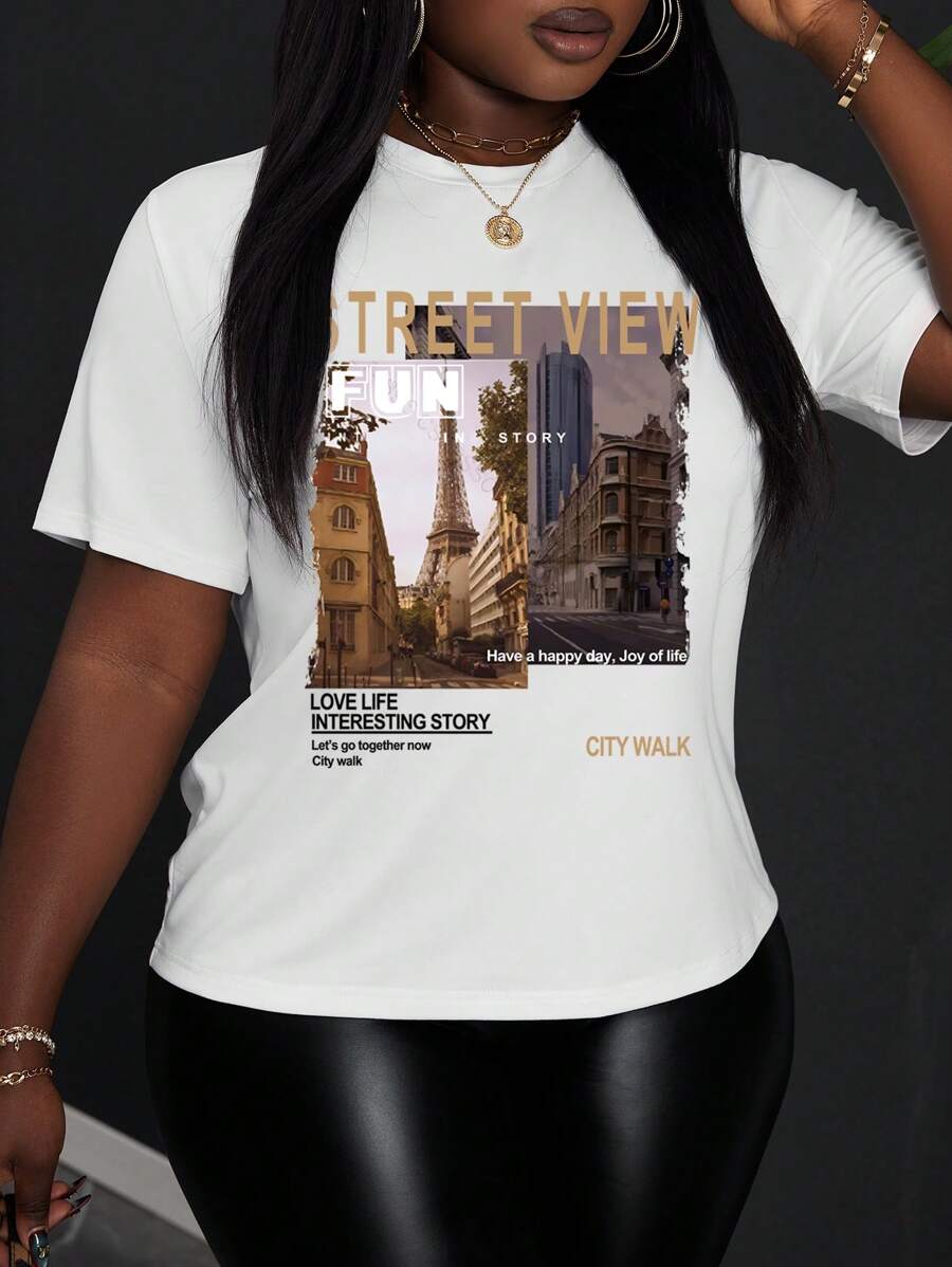 Maweii Vrouwen Architectuur en Slogan Bedrukt T-shirt met Korte Mouwen STREET VIEW LEUK VERHAAL LIEFDE LEVEN INTERESSANT VERHAAL Laten we nu samen gaan Stadswandeling Fijne dag, Vreugde van het leven STADSWANDELING Grafische T-shirts Dames Tops