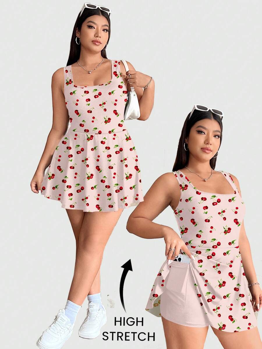 SHEIN EZwear Plus Size Women Cherry Ditsy Floral Pattern Printed Jumpsuit With Pockets, Casual Wear Suitable For Spring And Summer Outdoor And Vacation
