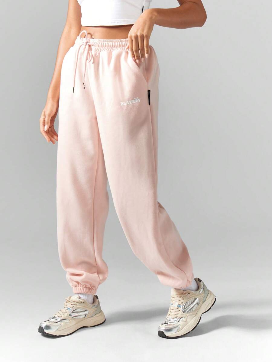 Missguided x Playboy Pantalones jogger cómodos de felpa, pantalones de descanso atléticos, cintura elástica, tobillos con puño, para invierno, otoño, entrenamiento, correr, gimnasio, estilo casual urbano
