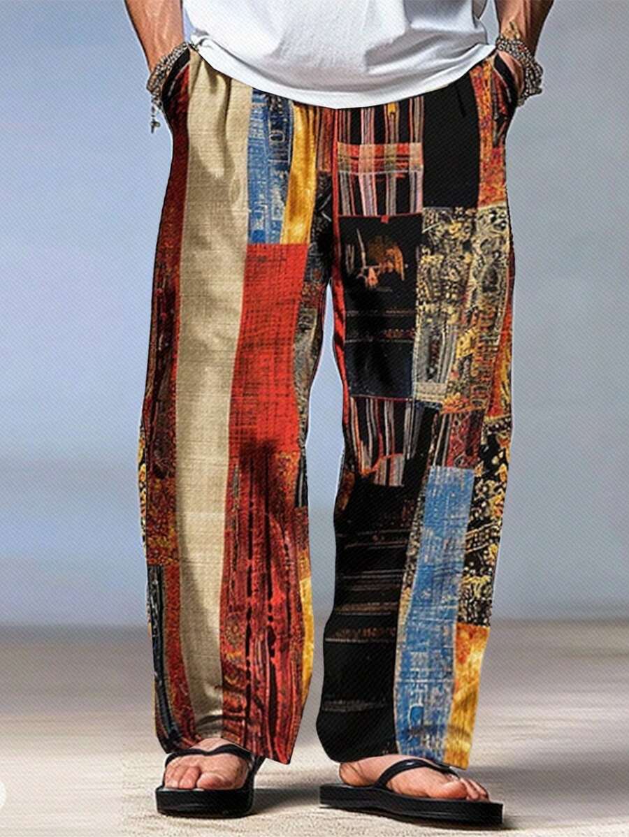 Manfinity RSRT Men Pants,Men's Color Block Patchwork Pants Trousers Mid Waist Drawstring Elastic Waist Hawaiian Casual Outdoor Party Evening Wear Holiday Straight Leg Trousers Summer Spring Fall 3D Print Men S Clothes Men Pants Patchwork Jeans Men Clothing Men Pants Boho Pants Men