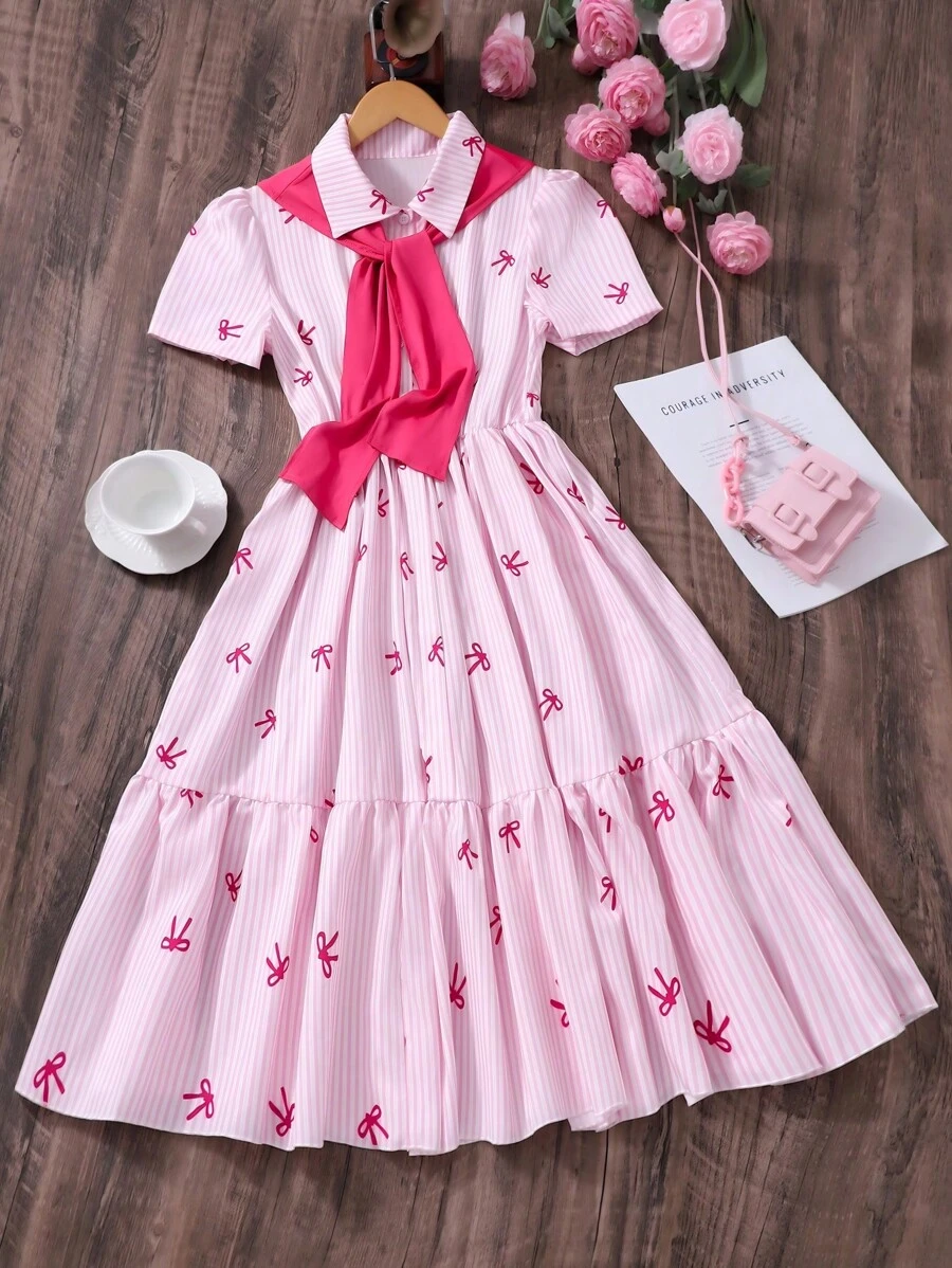 Teens Kleid mit Schalkragen Dekor, Kurzarm, weiter Schnitt
