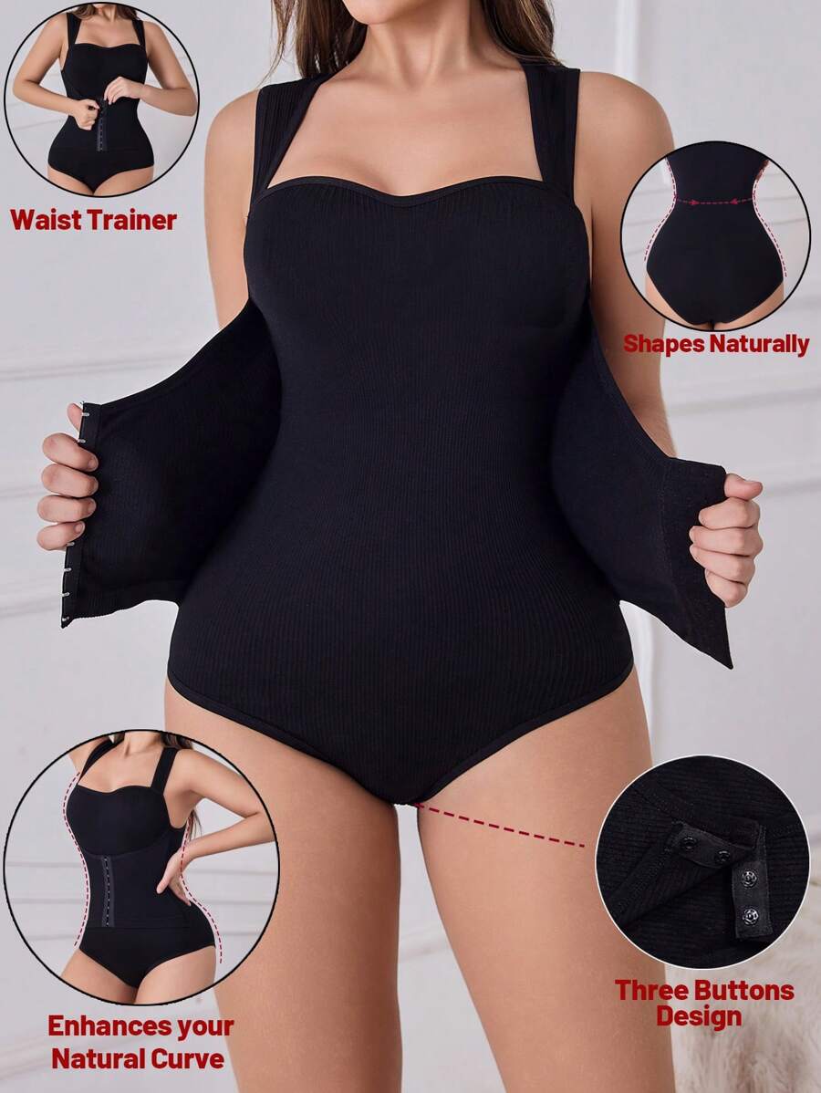 SHEIN Women Solid Seamless Tummy Control Waist Trainer Butt Lifting Shaperwear Square Neck Slimming Sculpting Snatched Waist Short Sleeveless Bodysuit With Front Hook-And-Eye Closure