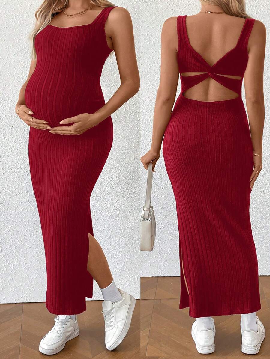 SHEIN Vestido de playa ajustado sin mangas con detalle de nudo en la espalda y color liso para embarazadas