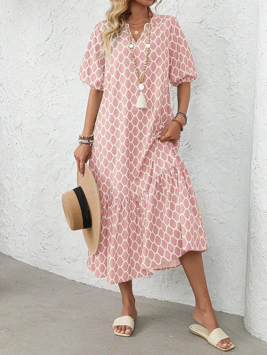 EMERY ROSE Women's Notched Neck Ruffle Hem Short Sleeve Dress Summer Dresses For Women,Sun Dresses For Women