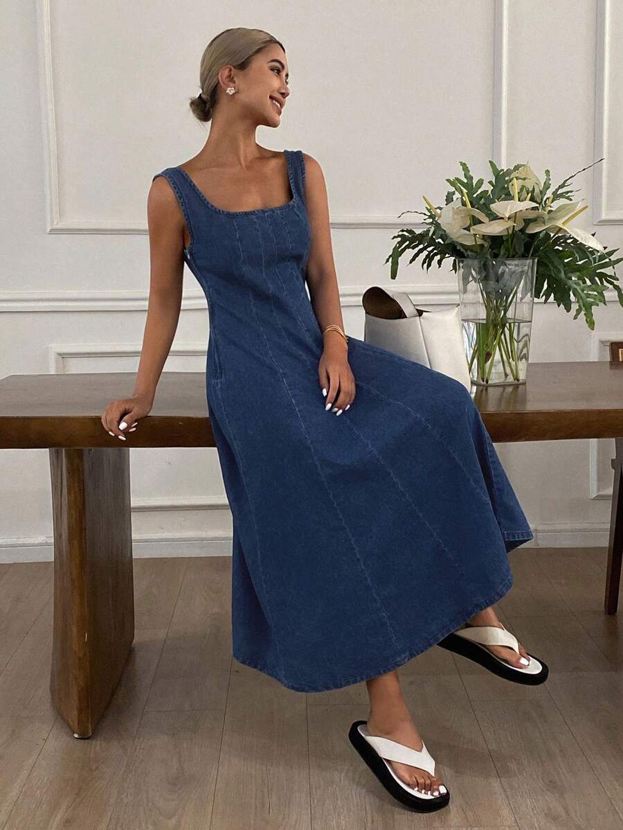 Livesso Vestido de verano informal de mujer de línea A de jean de unicolor
