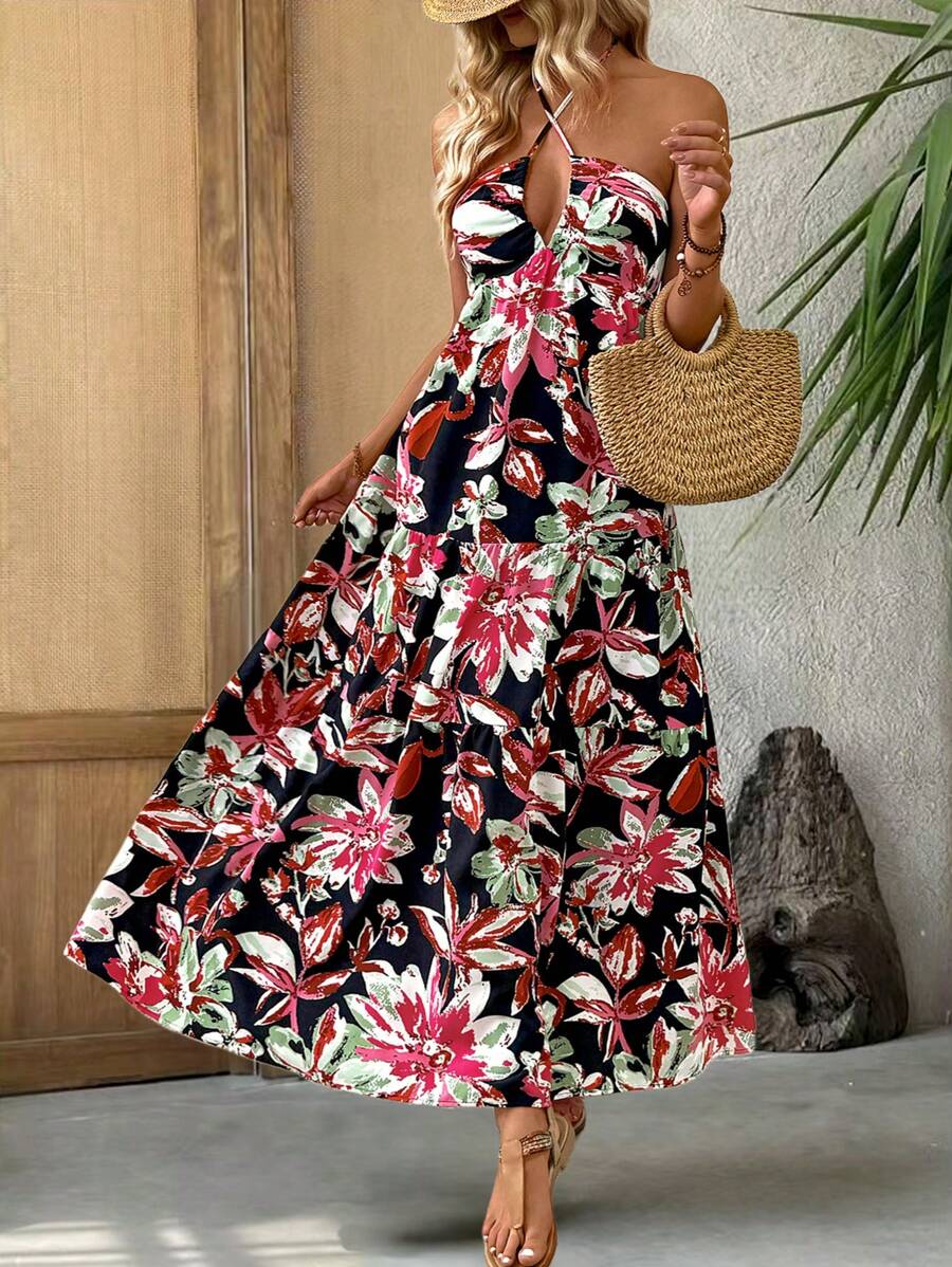 INAWLY Abito lungo da donna con stampa floreale, per vacanze casual, collo alla francese con fiocco in vita