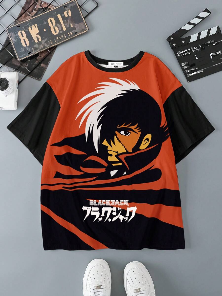 Black Jack X SHEIN Men's Casual Colorblock Figure Graphic And Letter Print Short Sleeve T-Shirt, Summer
